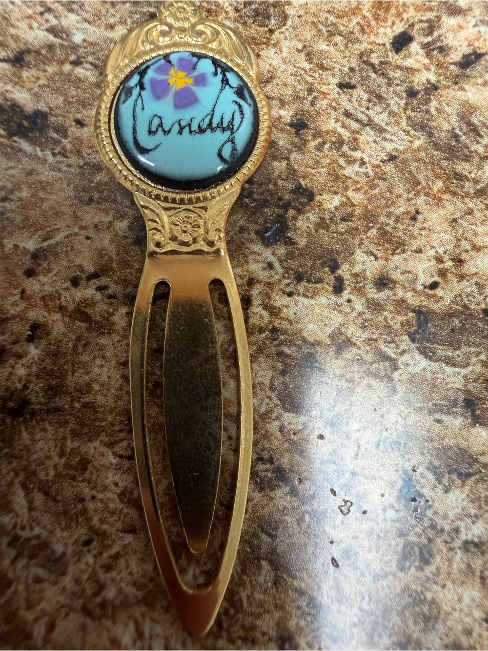 Vintage Candy Souvenir Bookmark Gold Tone Enamel Floral Blue Purple
